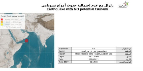 زلزال قوي في بحر العرب.. ولا مخاطر من تسونامي