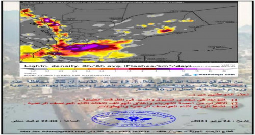تحذيرات من أمطار غزيرة على العاصمة عدن خلال الساعات القادمة