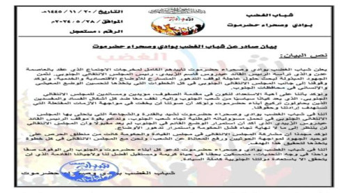  شباب الغضب بوادي حضرموت يؤيدون مخرجات اجتماع الرئيس الزُبيدي
